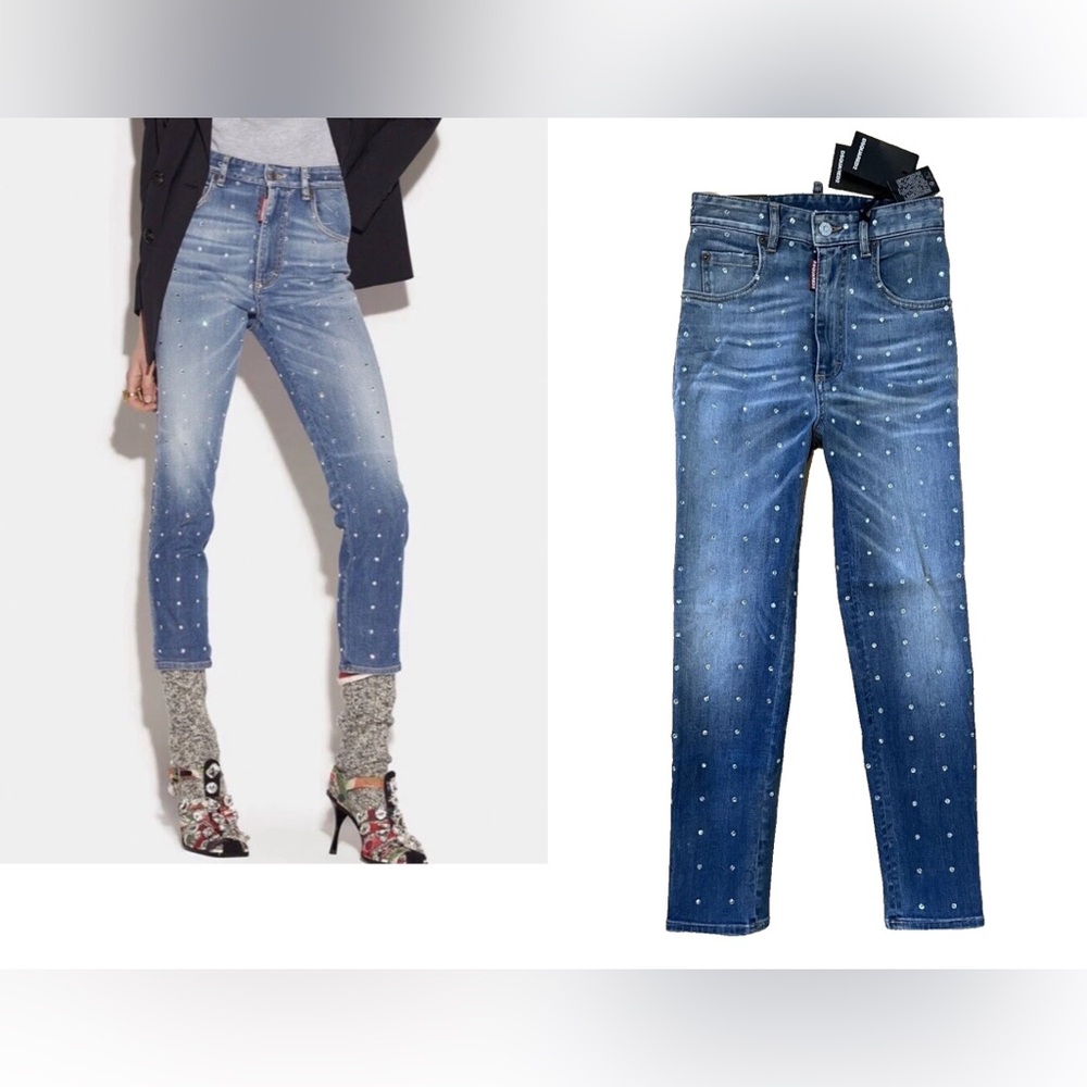 Dsquared2 2022 High Rise Twiggy Cropped Skinny Jeans Crystal Embellished 38 NWT